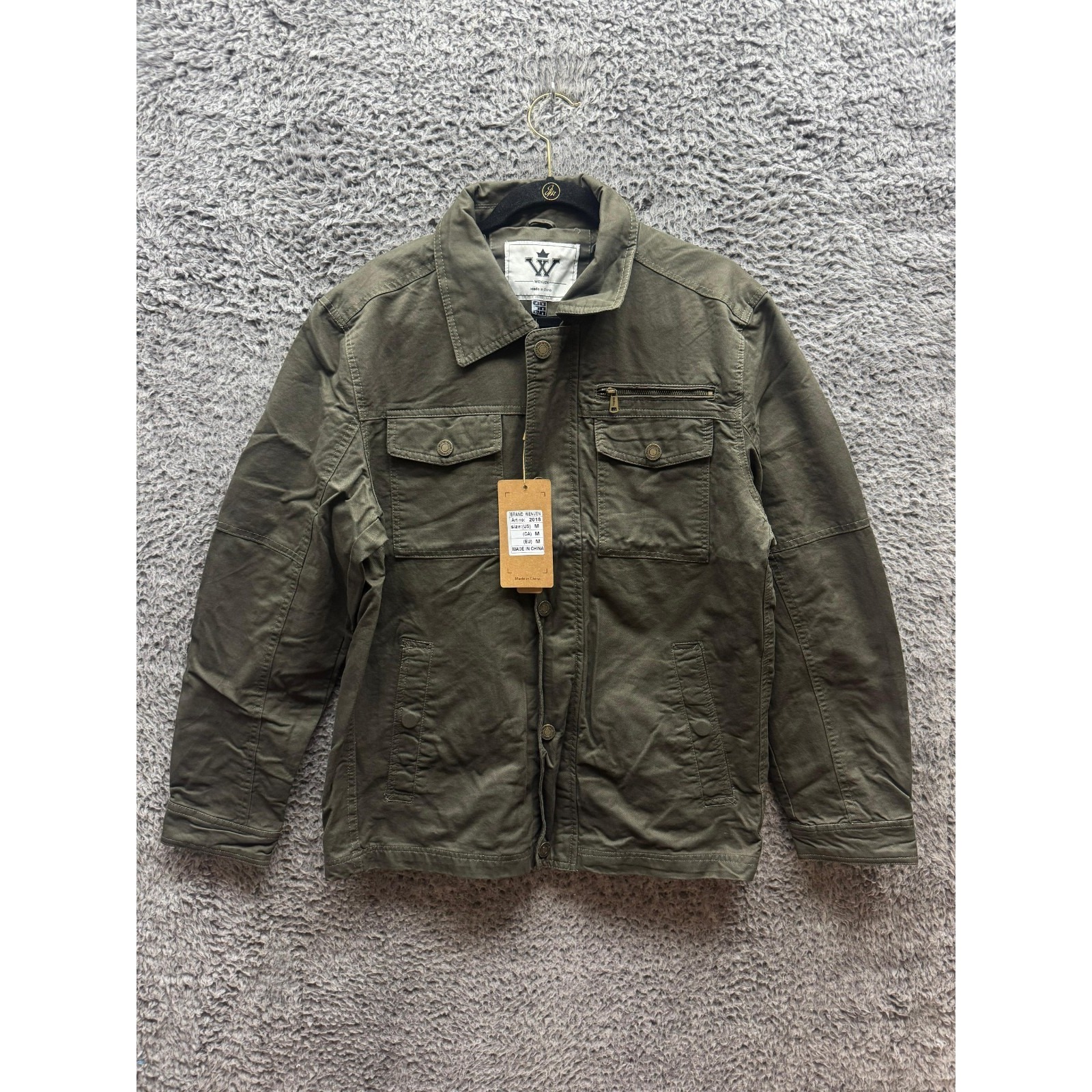 Nwt Wenven Casual Canvas Cotton Military Lapel Jacket Army Green Mens Size M